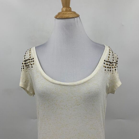 Cache Blouse Women S Small Ivory Gold Studded Embellished Scoop Neck Ruched Side - Picture 3 of 11